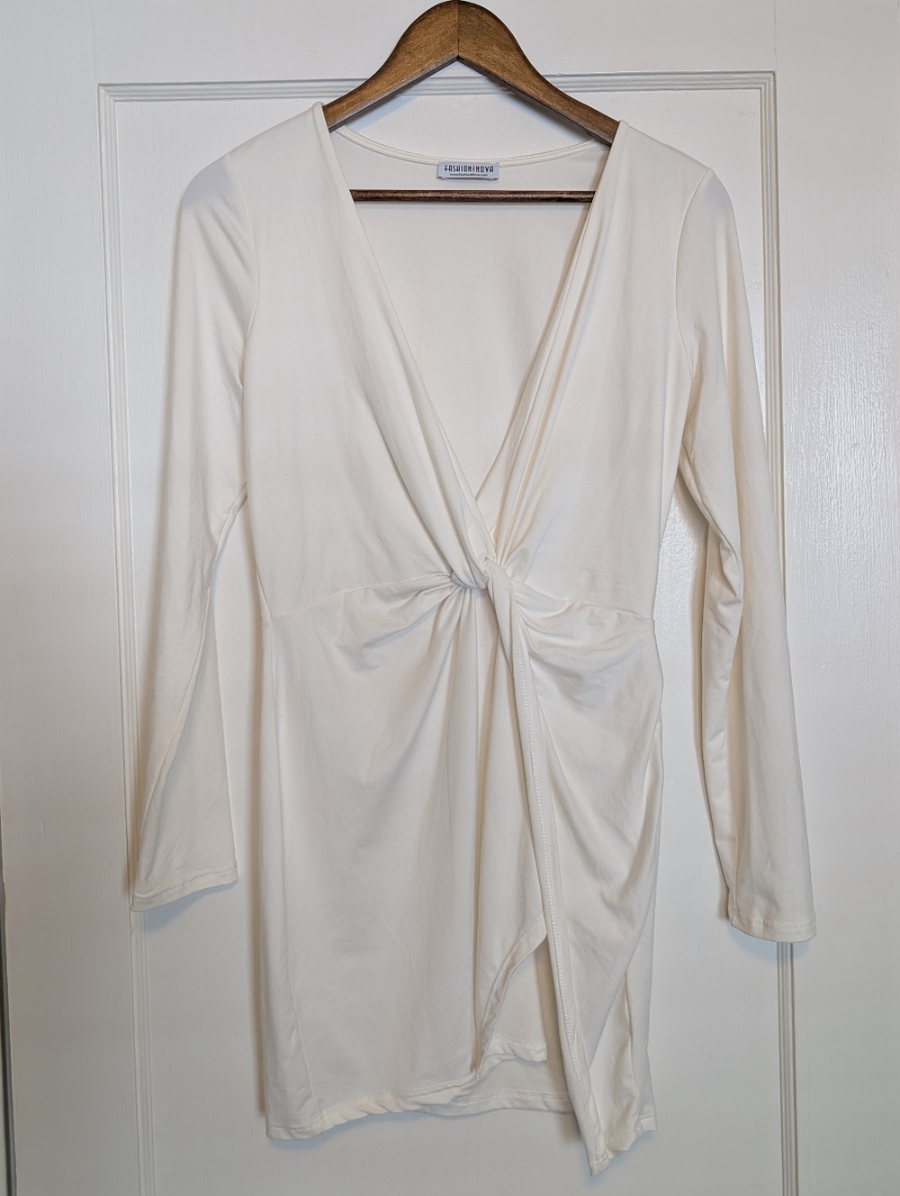 Fashion Nova Ivory Twist-Front V-Neck Mini Dress